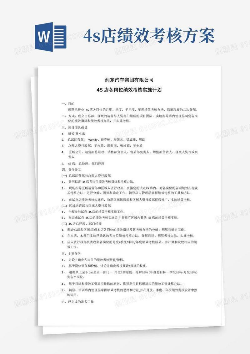 4S店各岗位绩效考核实施计划