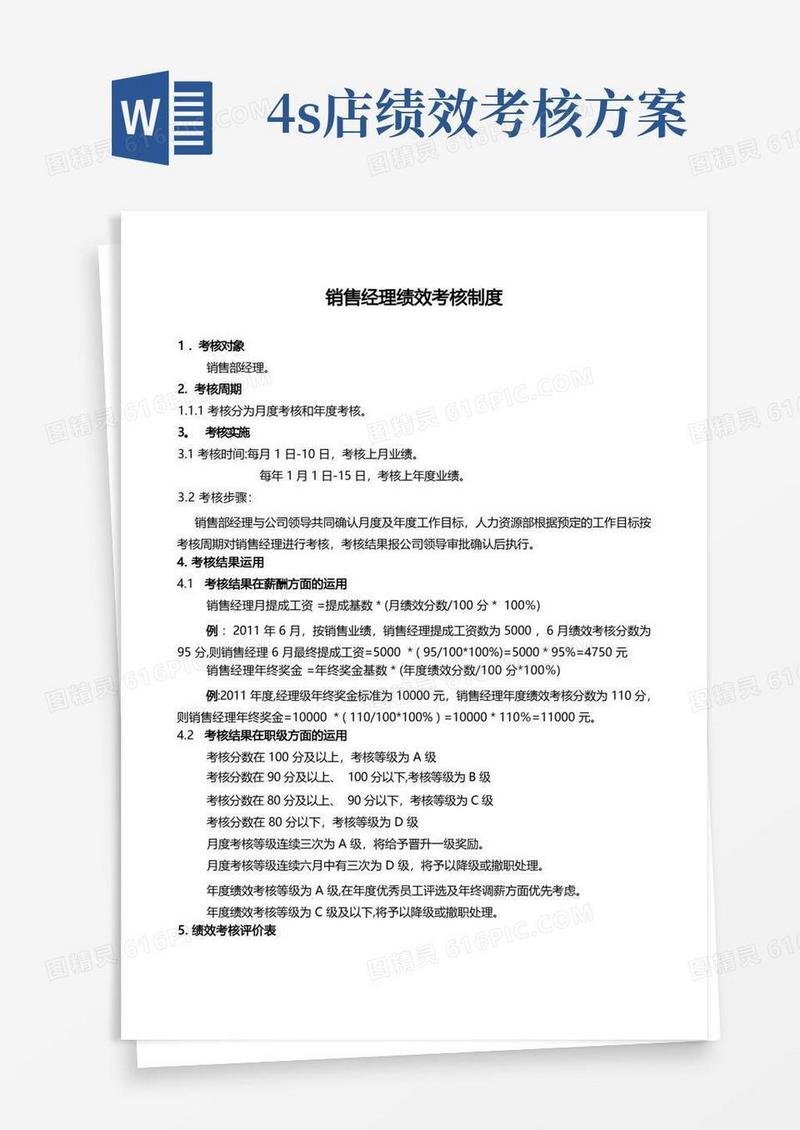 4S店销售经理绩效考核制度