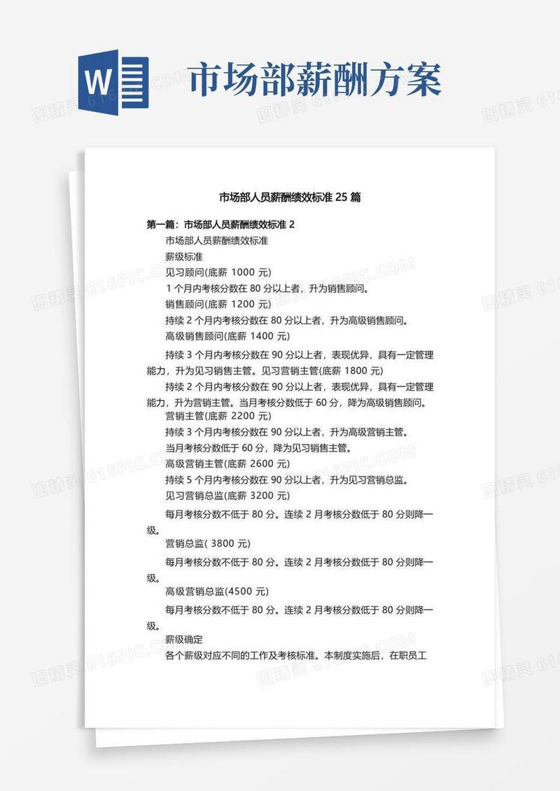 市场部人员薪酬绩效标准25篇