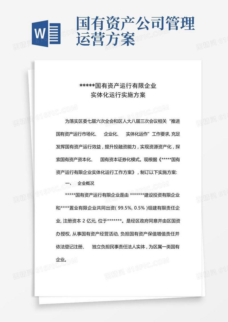 国有资产运营有限公司实体化运营实施方案
