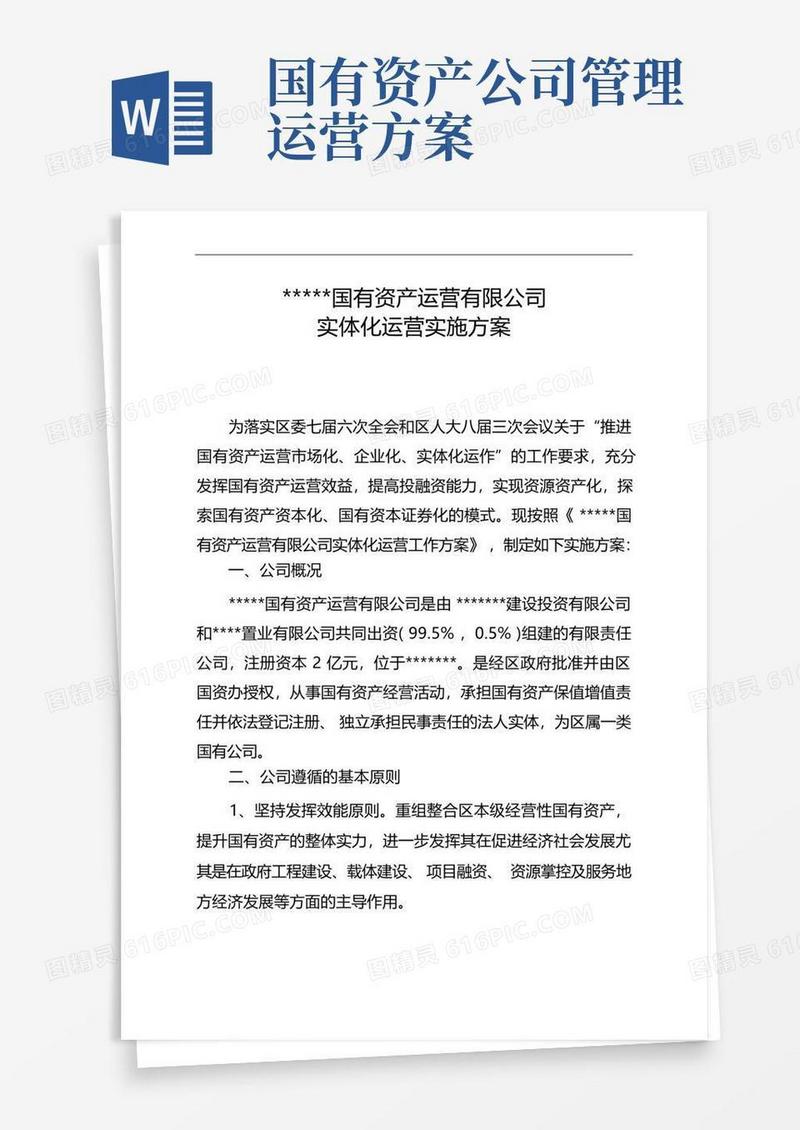 国有资产运营有限公司实体化运营实施计划方案
