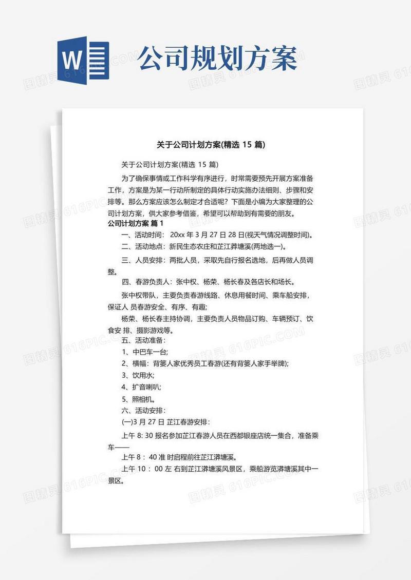 关于公司计划方案（精选15篇）