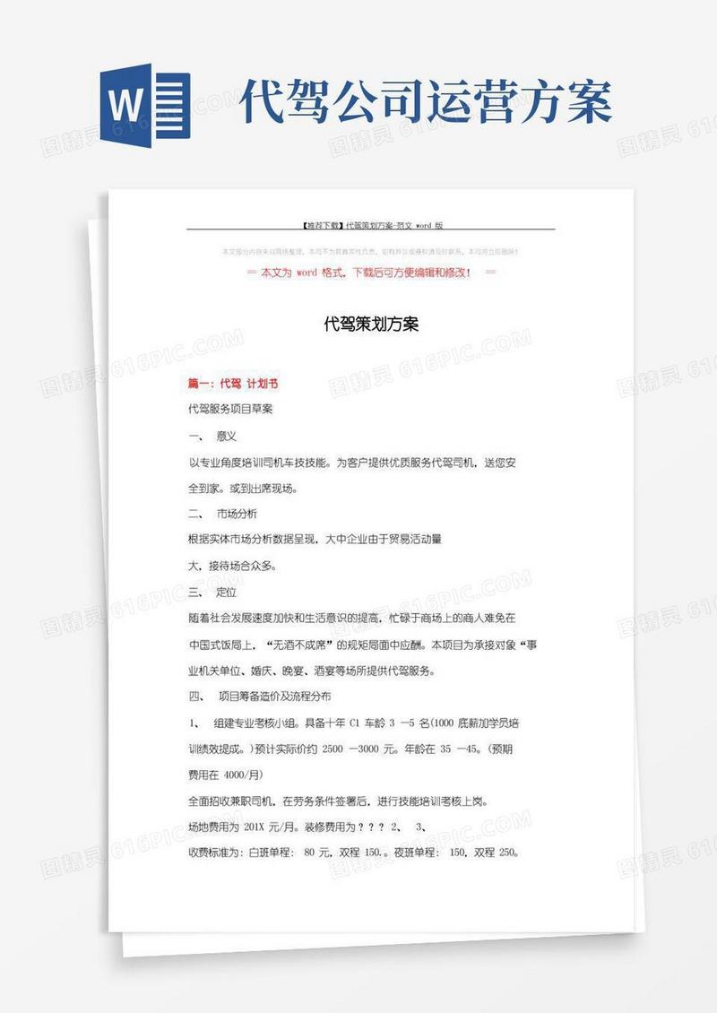 【推荐下载】代驾策划方案-范文word版(12页)