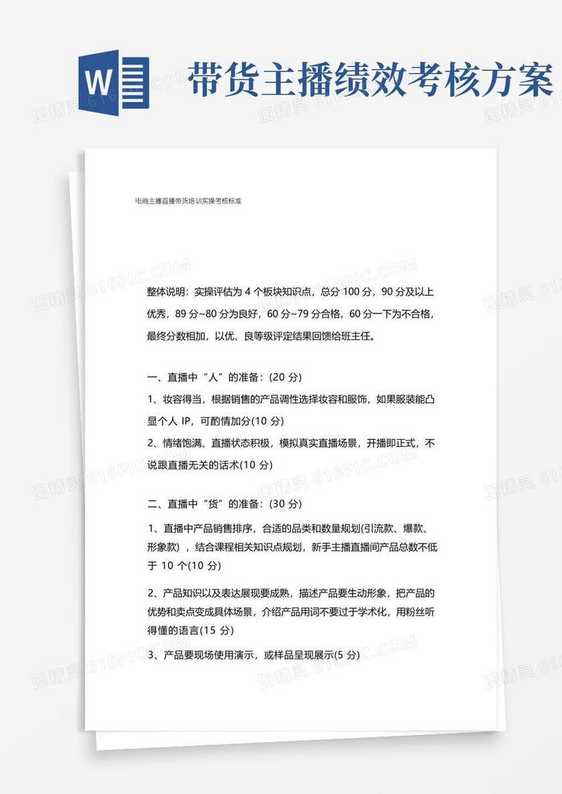 电商主播直播带货培训实操考核标准
