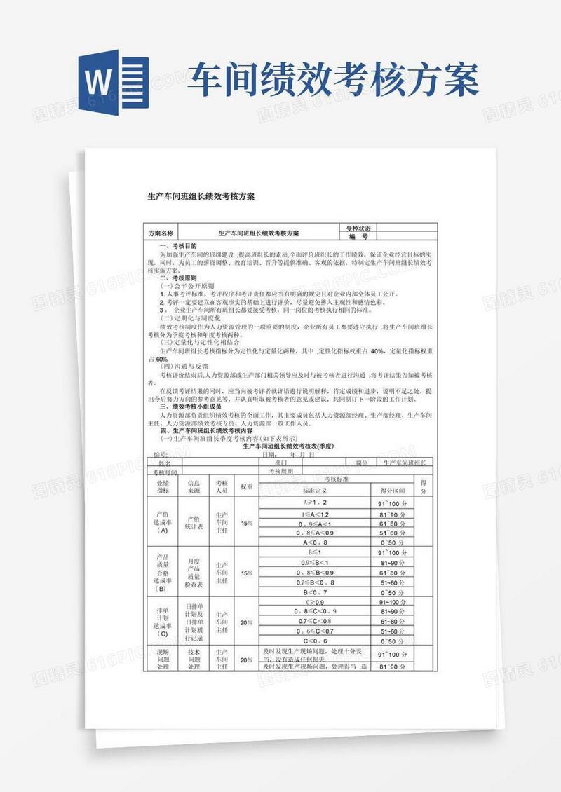 生产车间班组长绩效考核方案