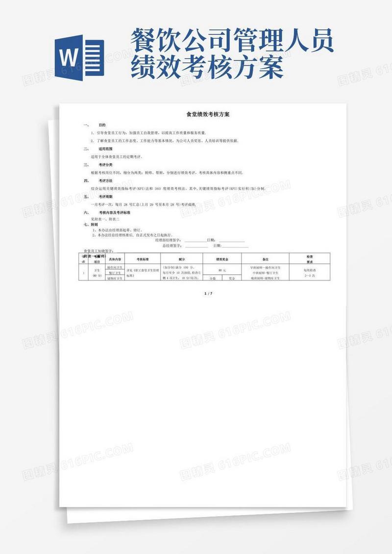 食堂从业人员绩效考核方案