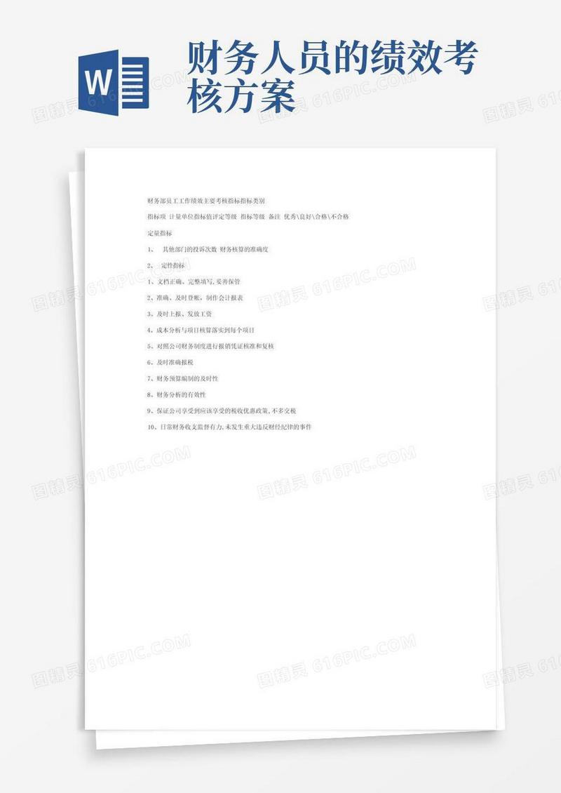 财务部人员主要绩效考核指标