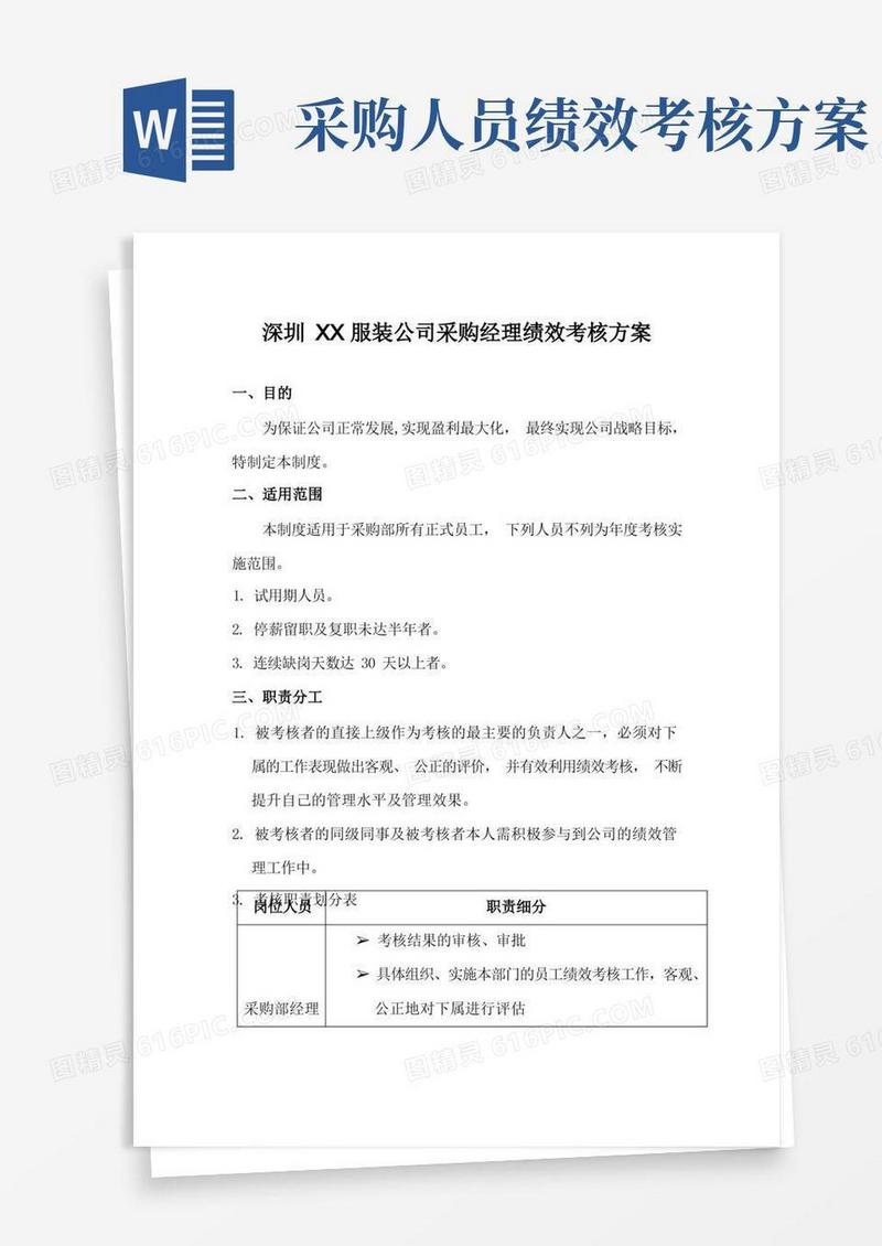 深圳XX服装公司采购经理绩效考核方案