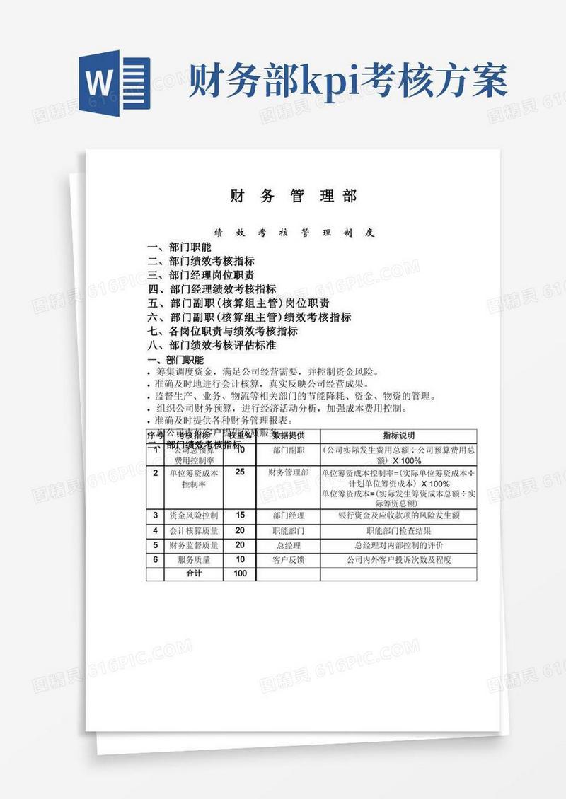 财务部绩效考核指标——KPI绩效指标