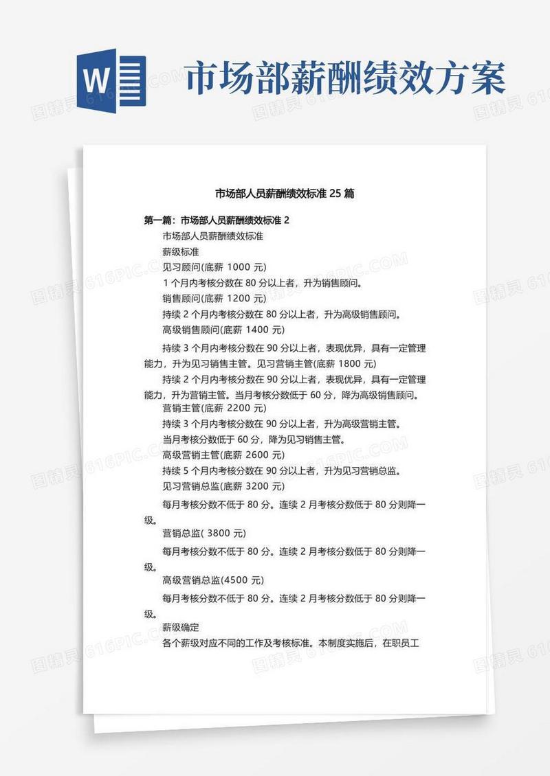 市场部人员薪酬绩效标准25篇