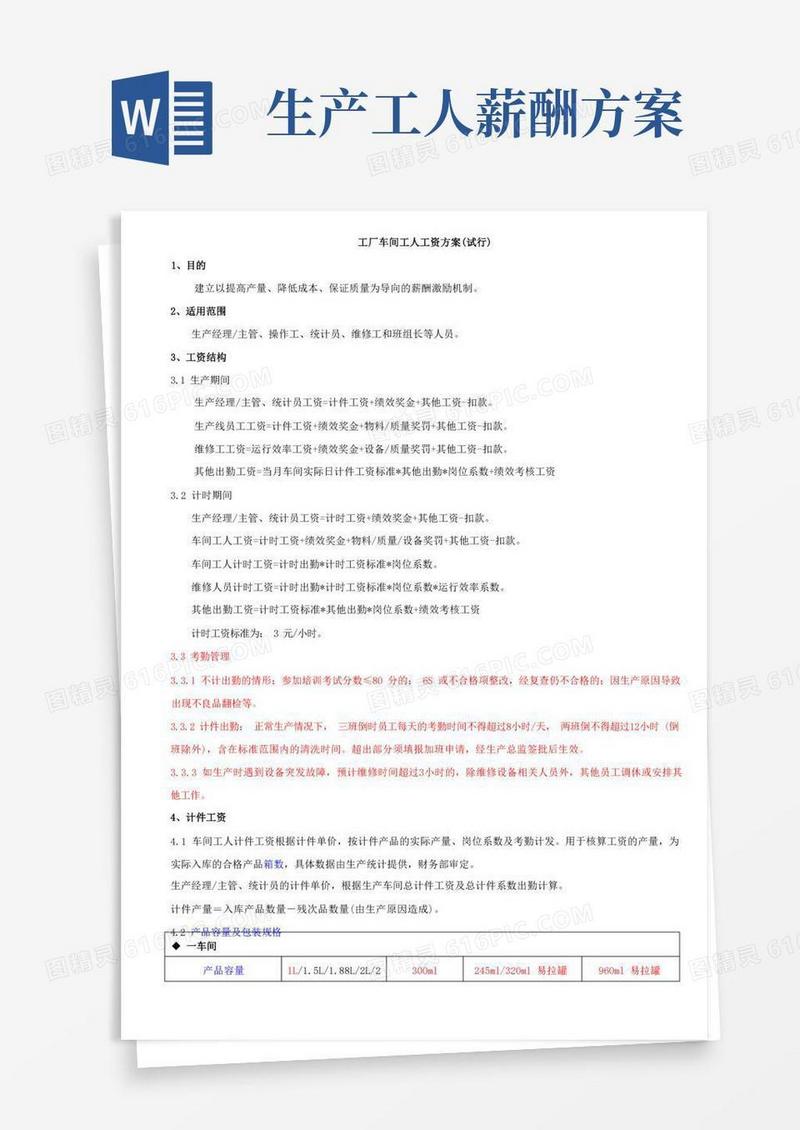 工厂车间工人工资方案
