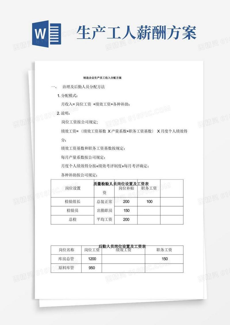 制造企业生产员工收入分配方案
