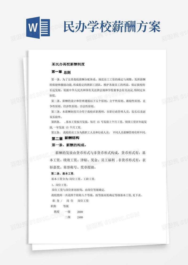 某民办高校薪酬制度