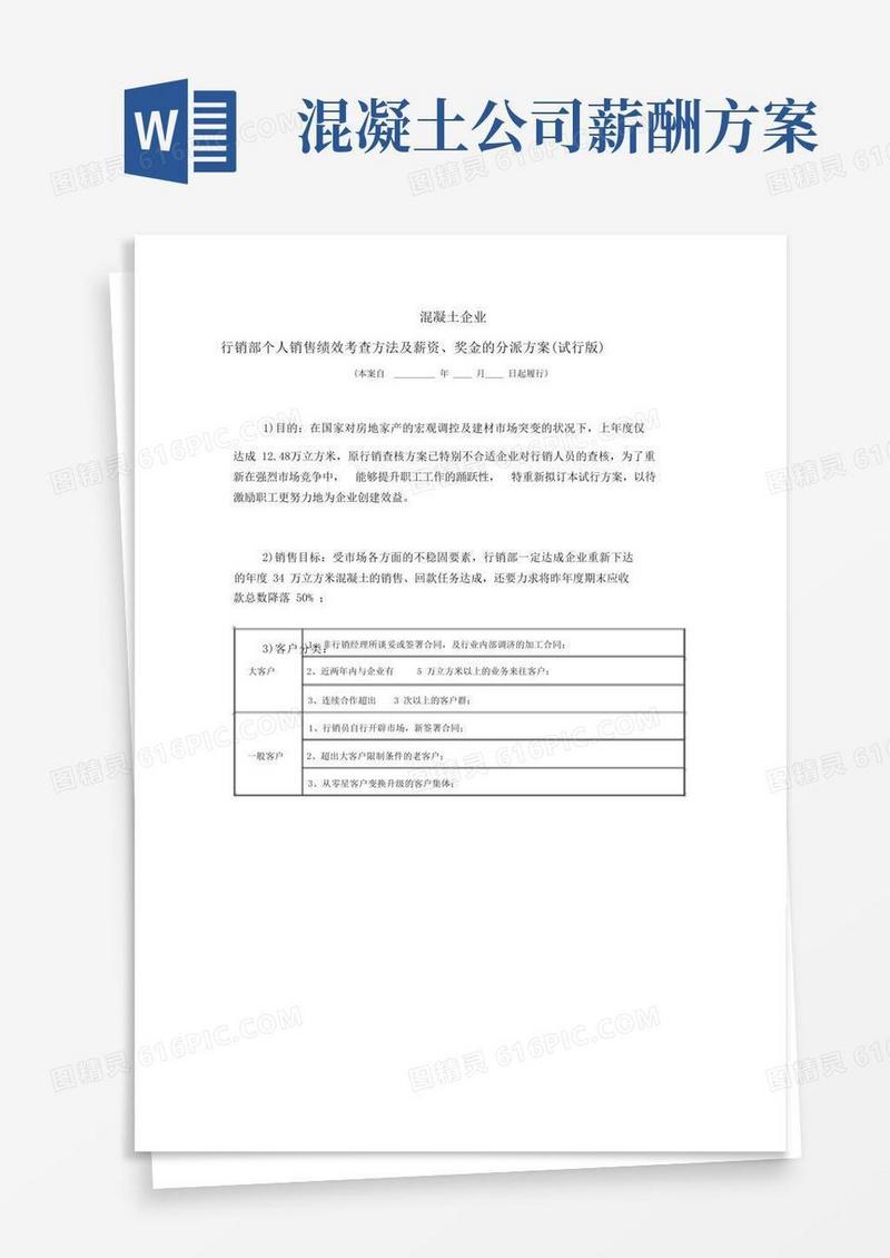 某商品混凝土销售业绩提成方案