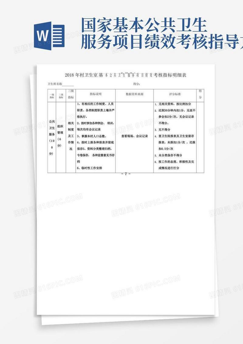 村卫生室基本公共卫生服务项目绩效考核细则