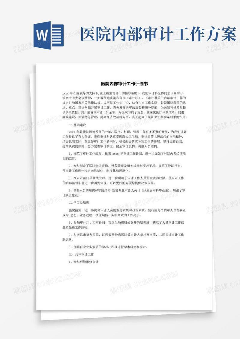 医院内部审计工作计划书