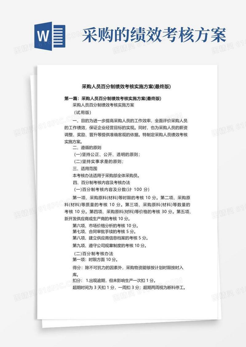 采购人员百分制绩效考核实施方案（最终版）