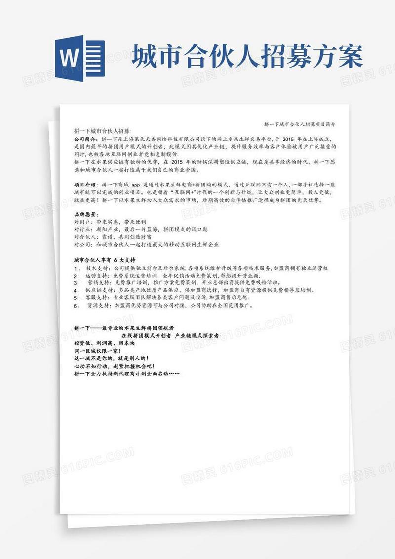拼一下城市合伙人招募项目简介