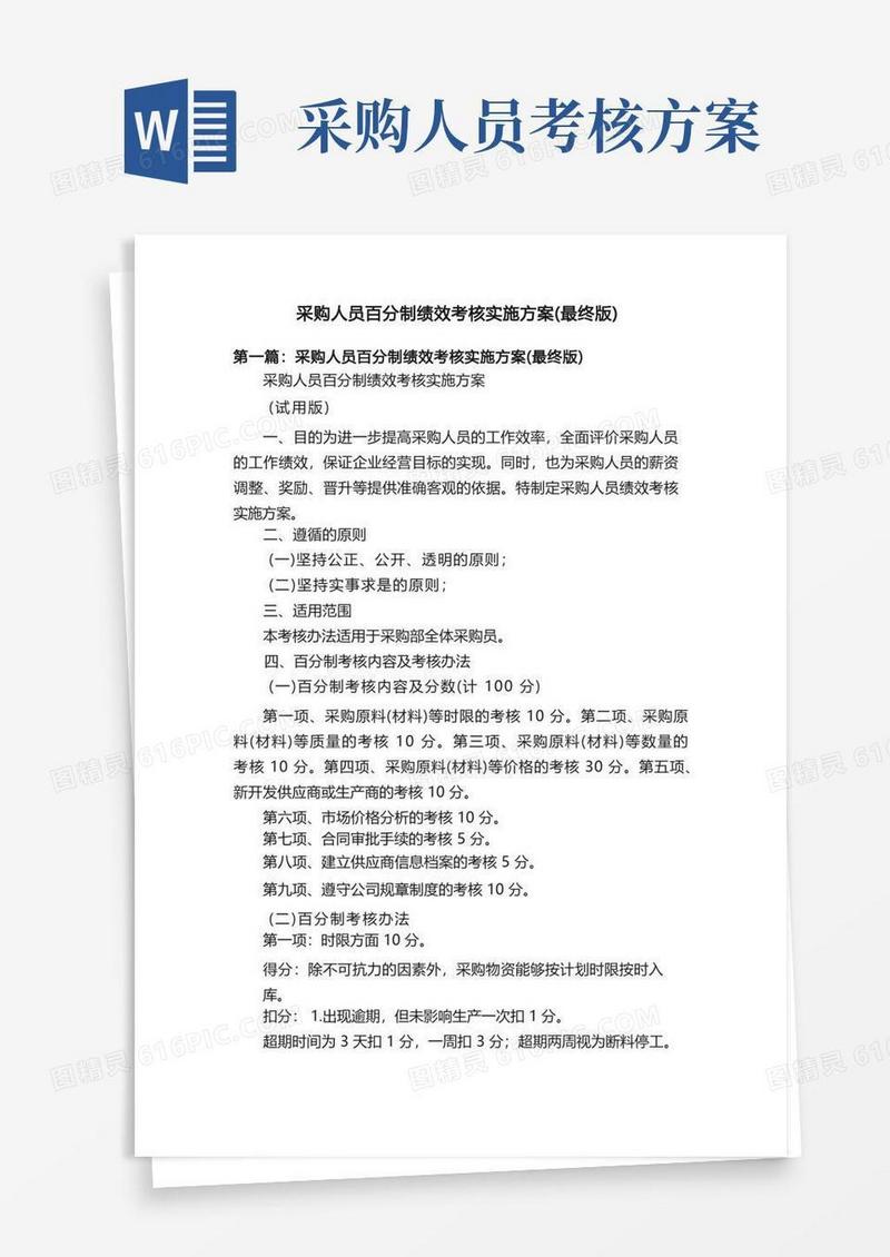 采购人员百分制绩效考核实施方案（最终版）
