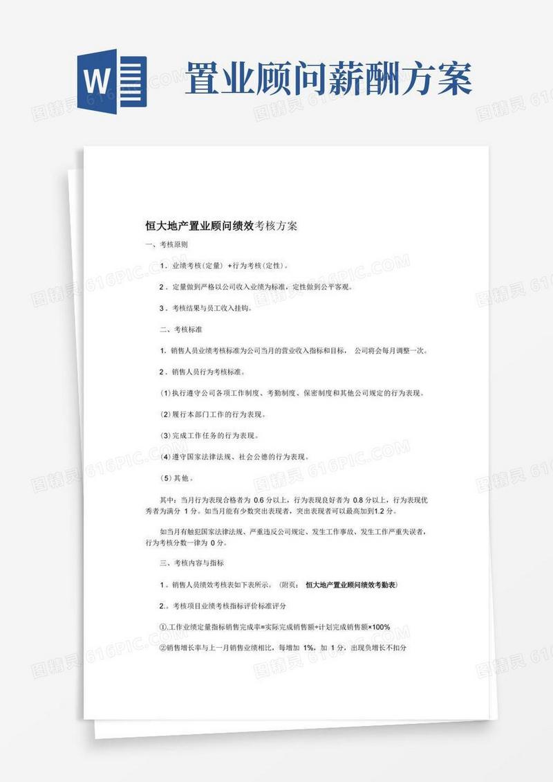 恒大地产置业顾问绩效考核方案