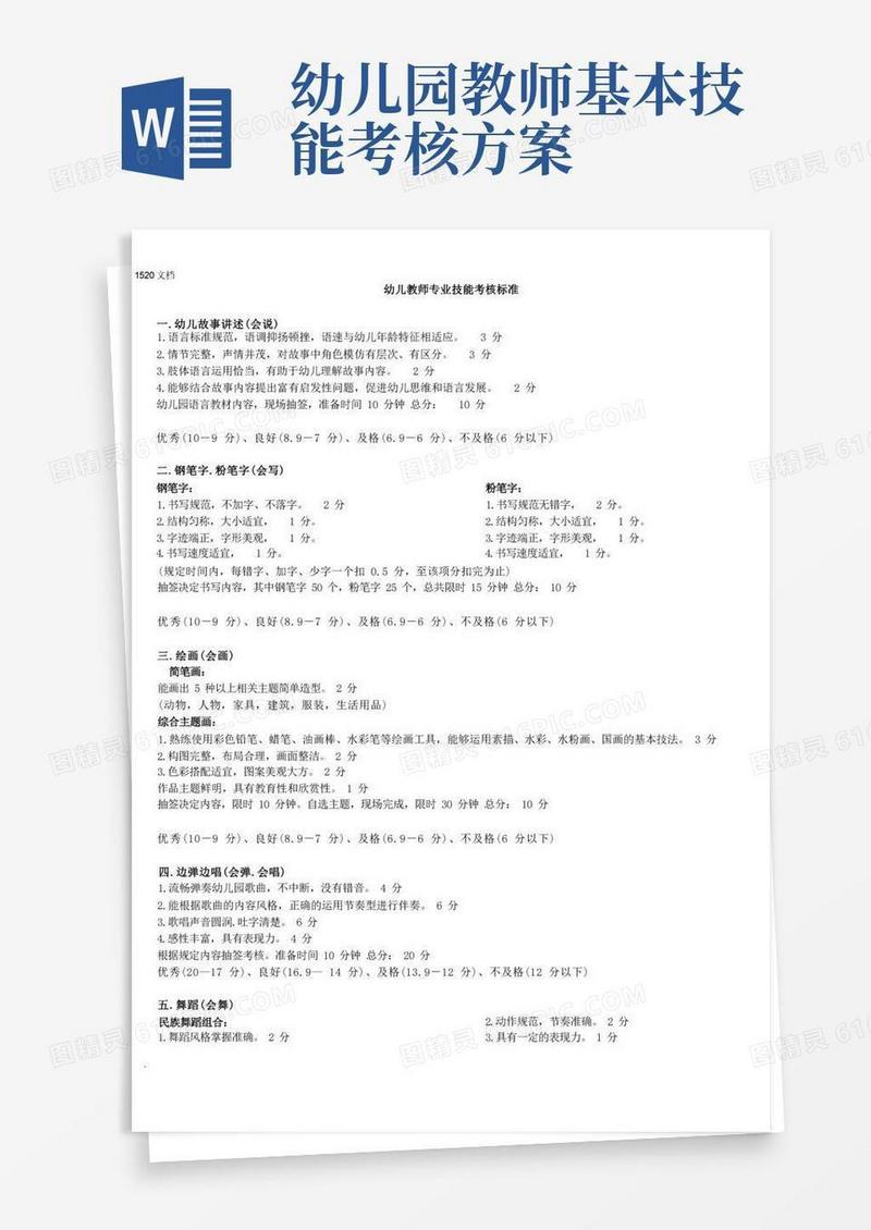 幼儿园教师专业技能考核标准