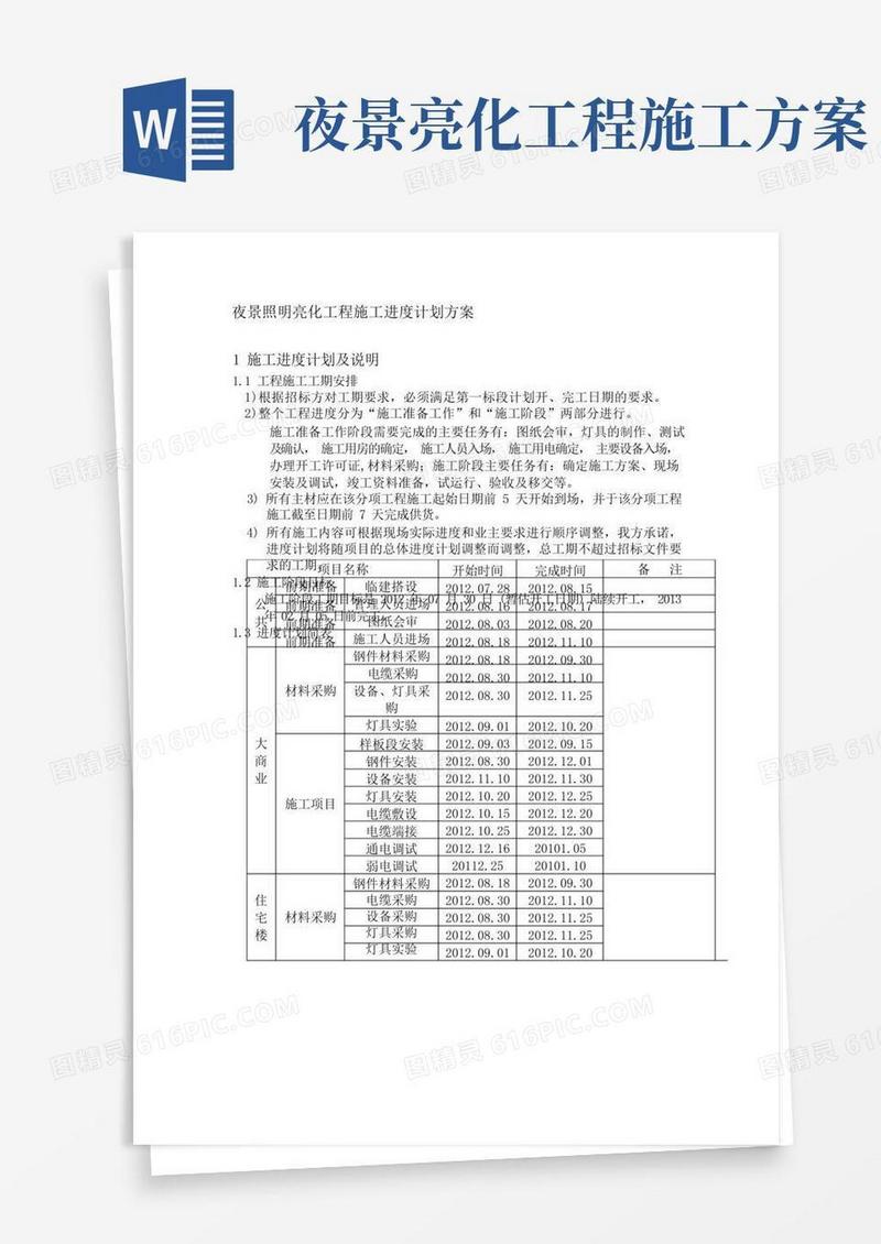 夜景照明亮化工程施工进度计划方案