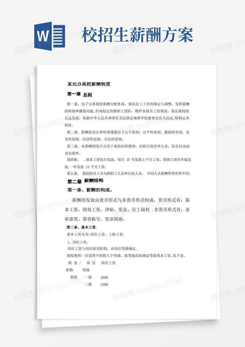 某民办高校薪酬制度