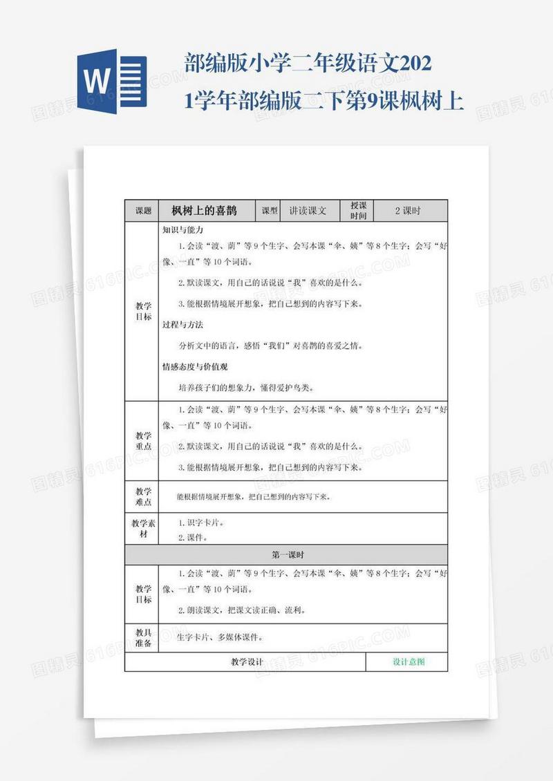部编版小学二年级语文2021学年部编版二下第9课枫树上的喜鹊教案表格式