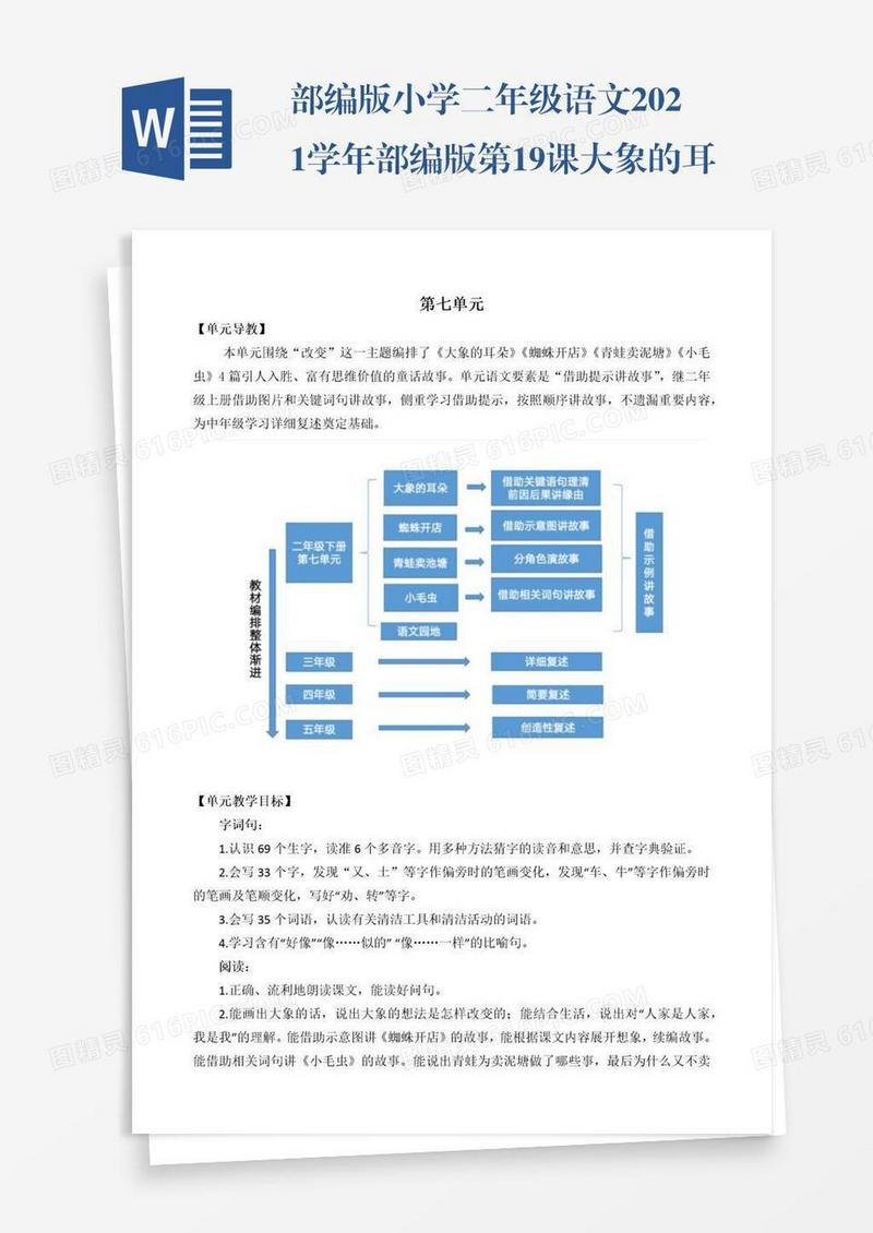 部编版小学二年级语文2021学年部编版第19课大象的耳朵教学设计彩图