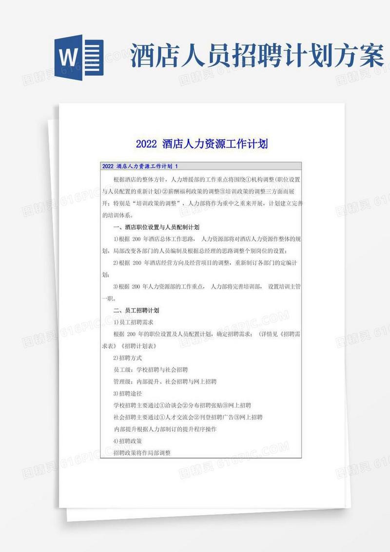 2022酒店人力资源工作计划