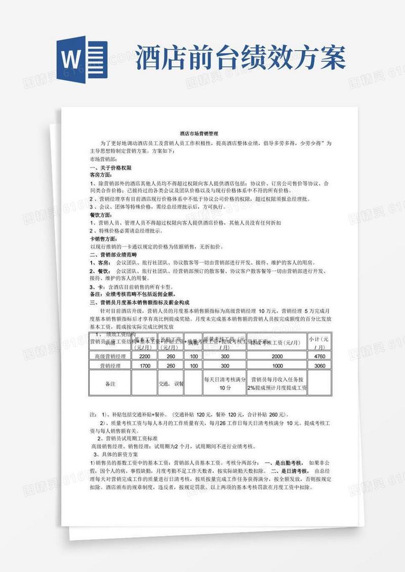 酒店营销部员工绩效考核方案