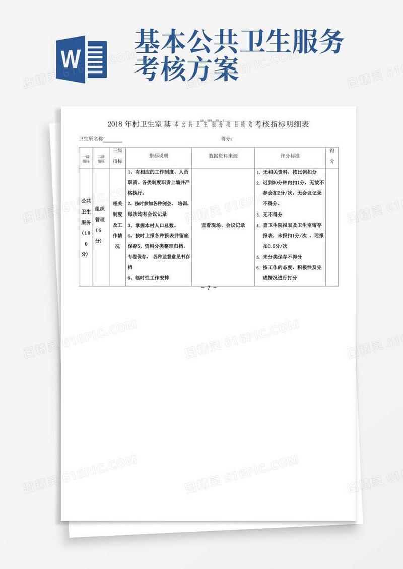 村卫生室基本公共卫生服务项目绩效考核细则