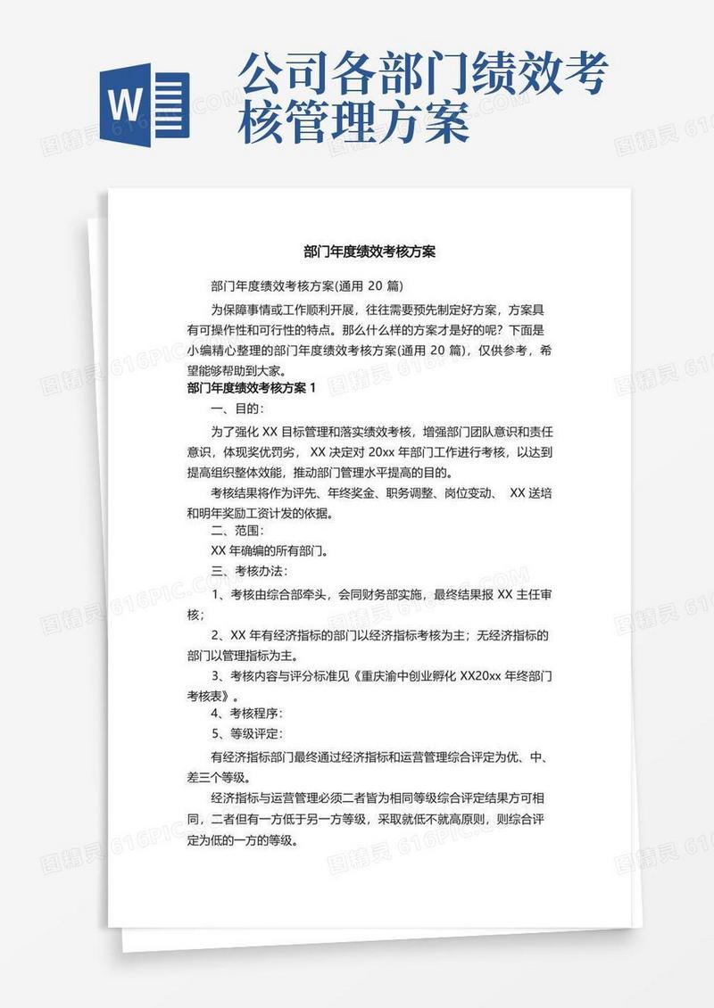部门年度绩效考核方案（通用20篇）