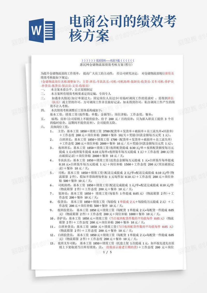 电商网站(配货)仓储物流部绩效考核方案,工资与奖励机制