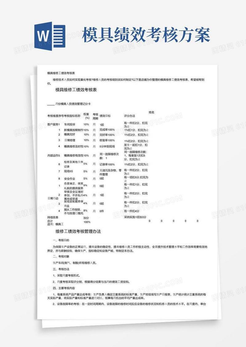模具维修工绩效考核表