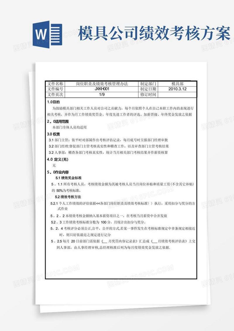 模具部员工岗位职责绩效考核管理办法