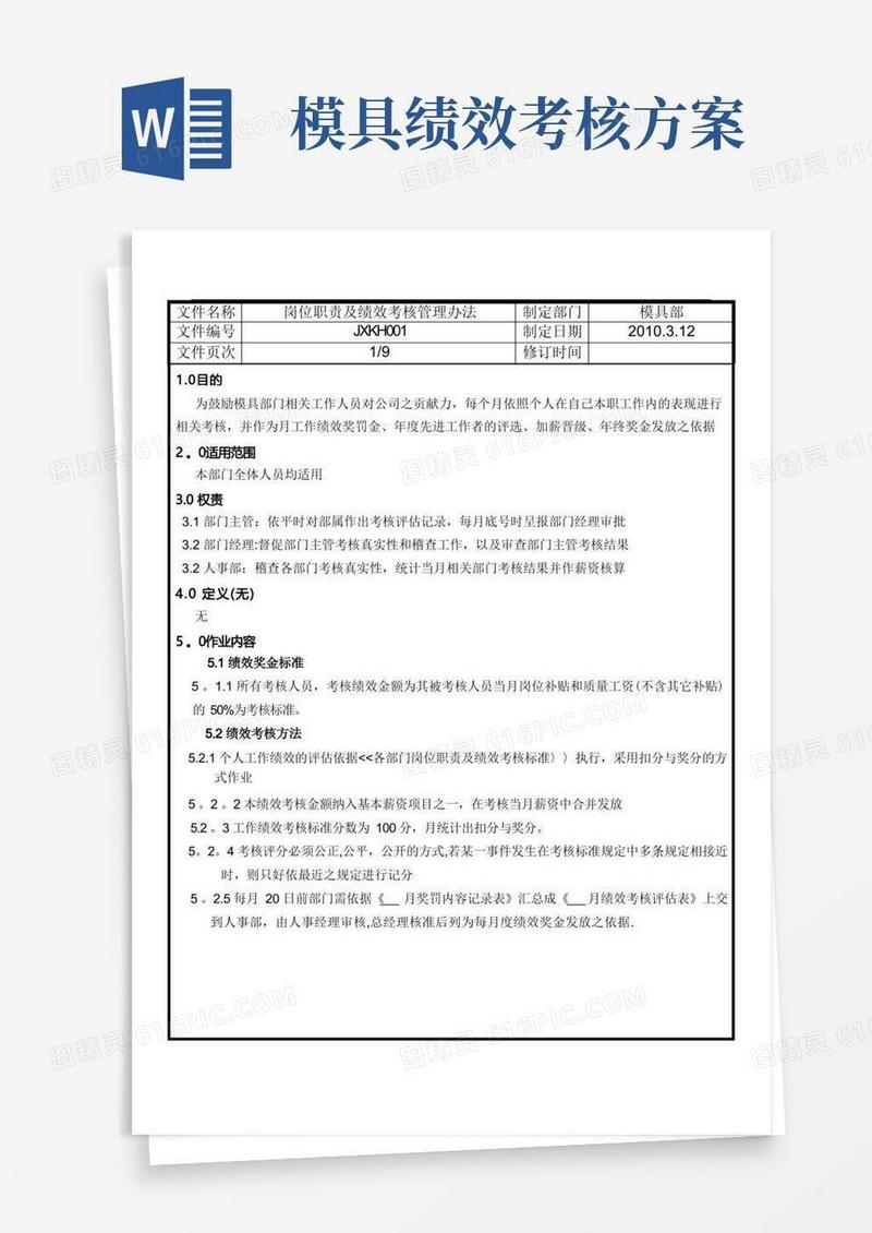 模具部员工岗位职责绩效考核管理办法