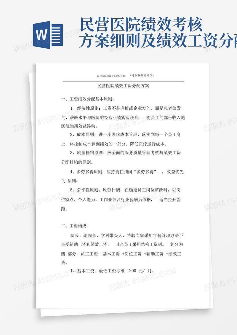 民营医院薪金分配方案绩效版