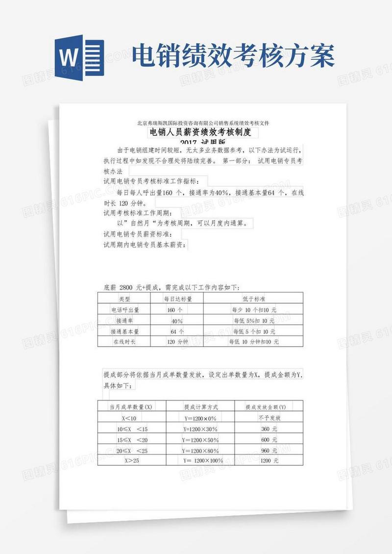 电销人员薪资绩效考核制度2017试用版