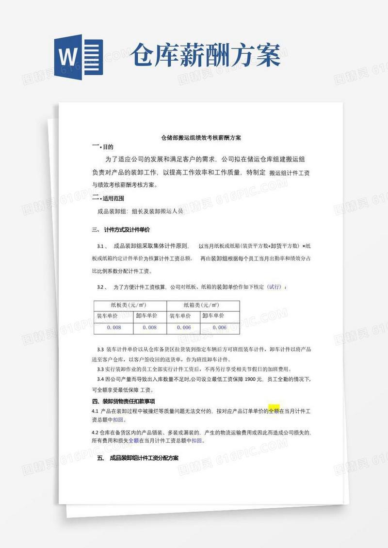 仓储部搬运组绩效考核薪酬方案