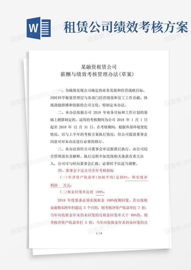 某融资租赁公司薪酬考核办法(草案)