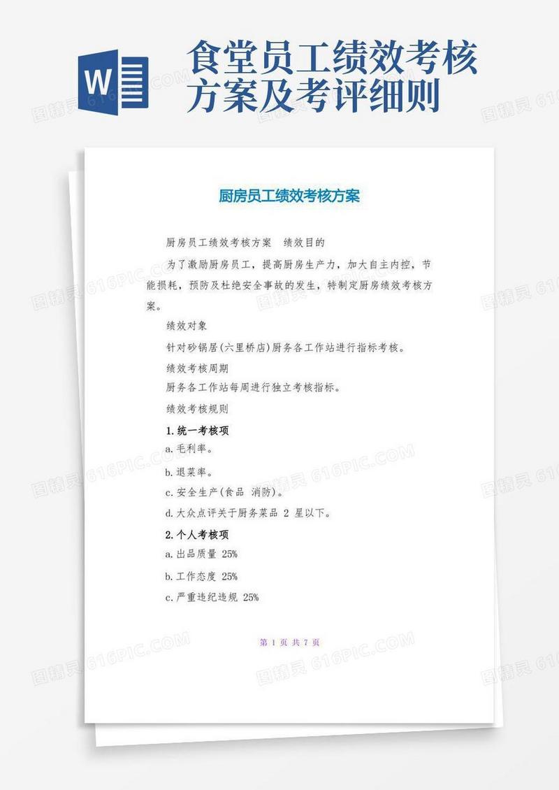 厨房员工绩效考核方案