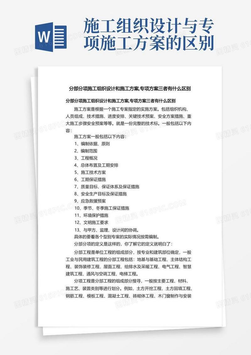 分部分项施工组织设计和施工方案,专项方案三者有什么区别