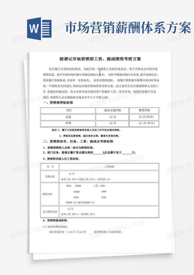 市场营销部工资及提成方案