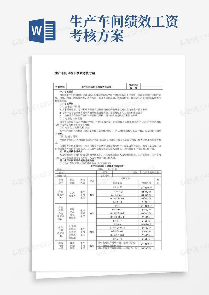 生产车间班组长绩效考核方案