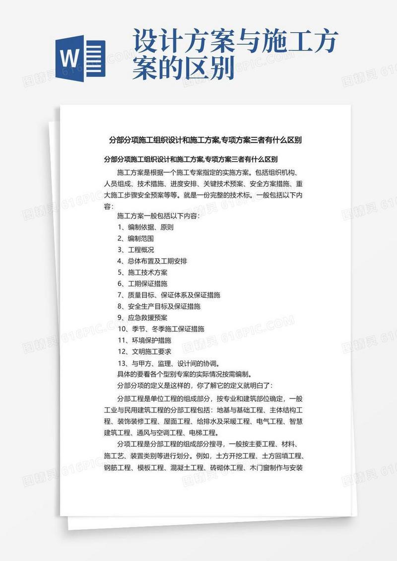 分部分项施工组织设计和施工方案,专项方案三者有什么区别