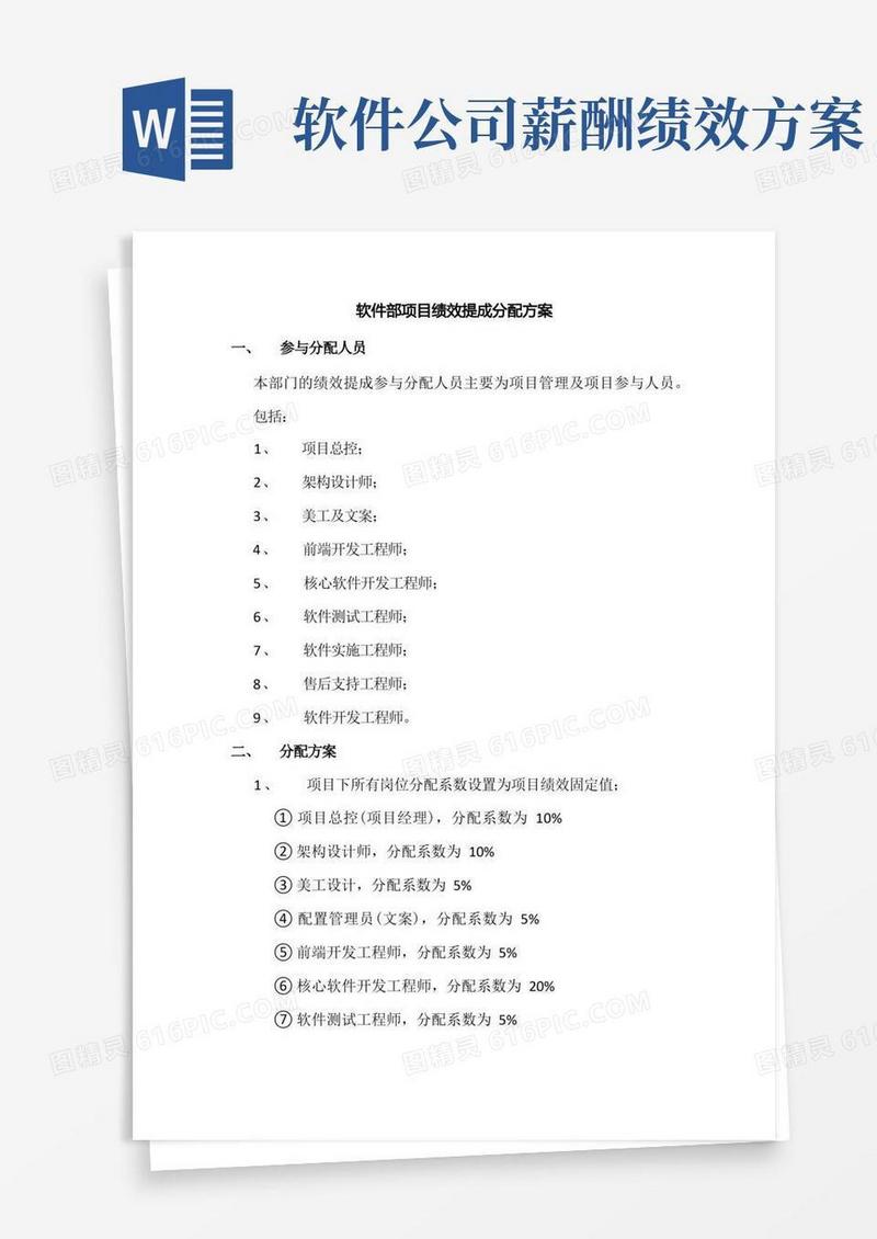 软件部项目绩效提成分配方案