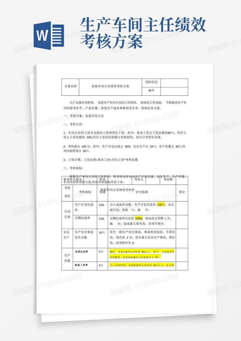 包装车间主任绩效考核表