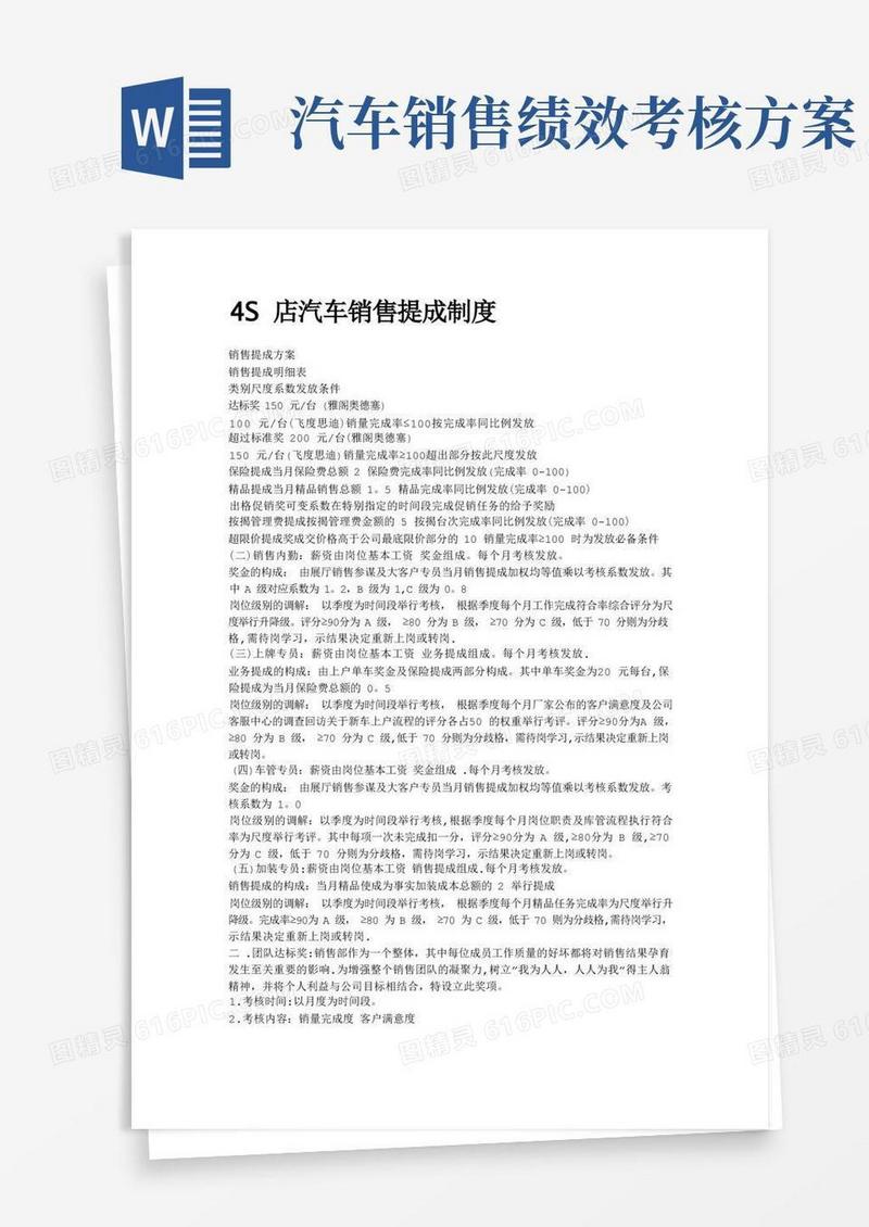 4S店汽车销售提成制度