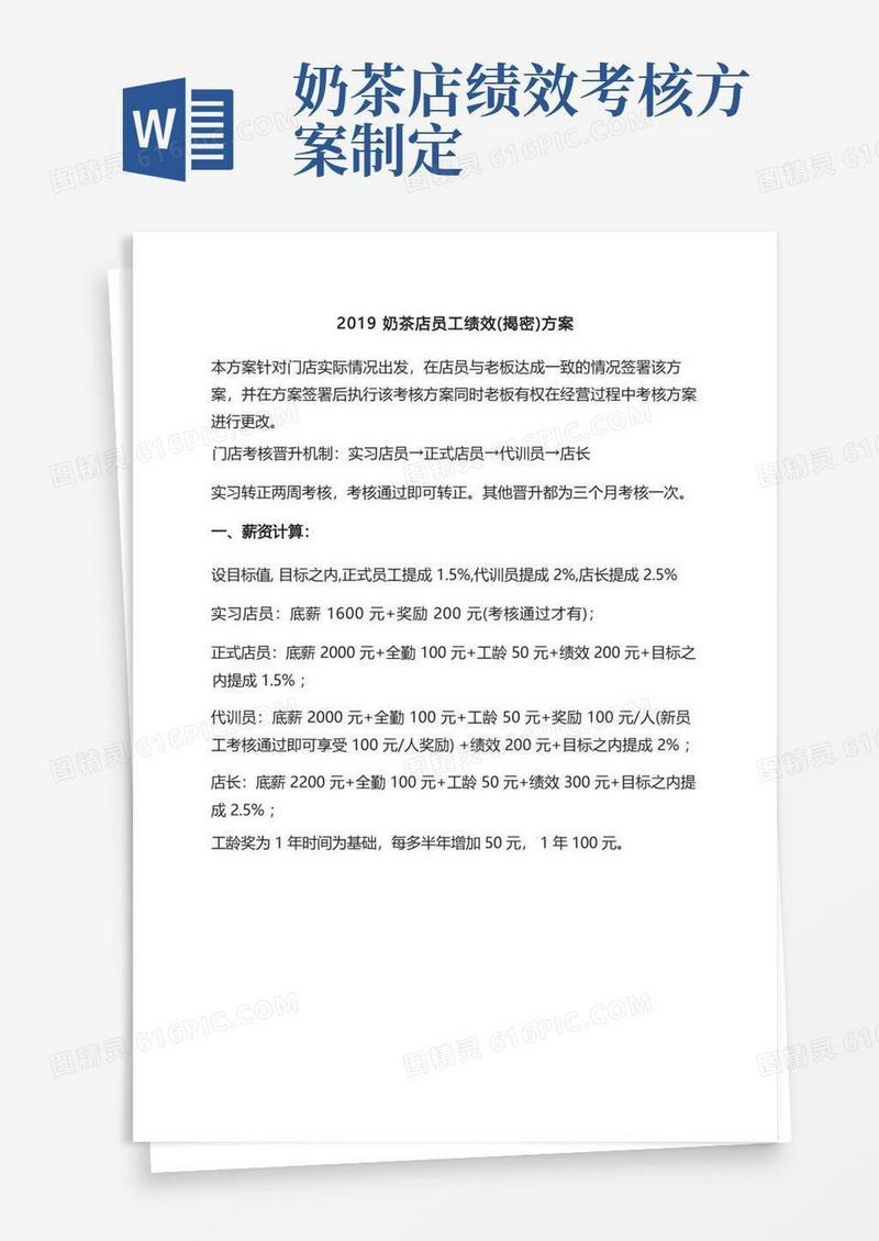 奶茶店员工绩效方案